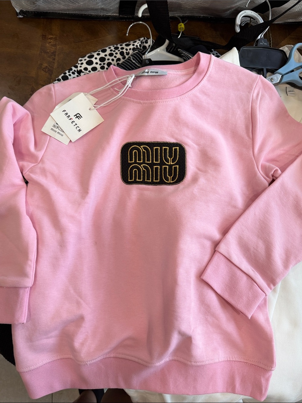 Kids Pink Crewneck Sweatshirt with Black & Gold Logo Patch